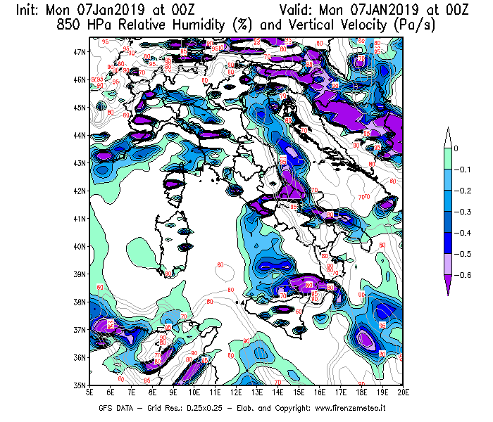 Mappa di analisi GFS - Umidità relativa [%] e Omega [Pa/s] a 850 hPa in Italia
							del 07/01/2019 00 <!--googleoff: index-->UTC<!--googleon: index-->