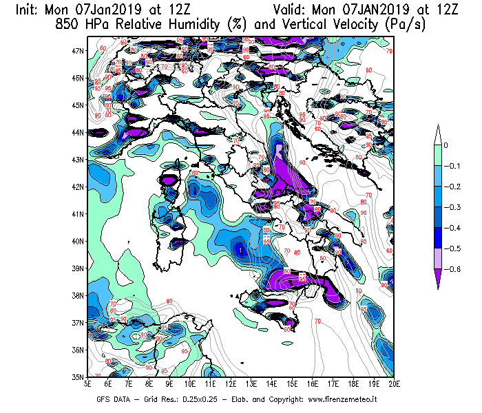 Mappa di analisi GFS - Umidità relativa [%] e Omega [Pa/s] a 850 hPa in Italia
							del 07/01/2019 12 <!--googleoff: index-->UTC<!--googleon: index-->