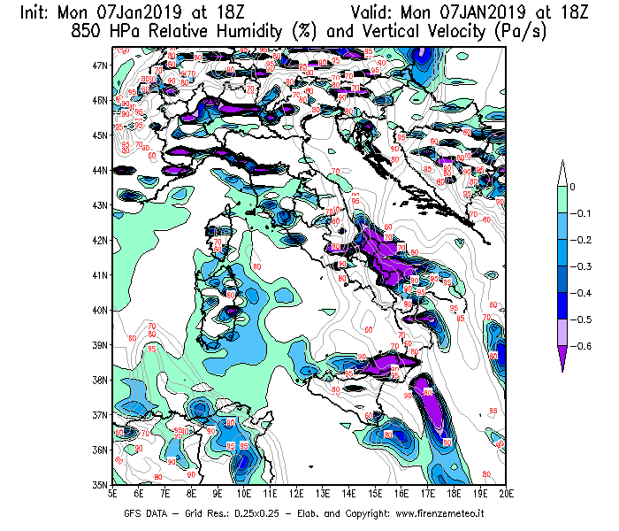 Mappa di analisi GFS - Umidità relativa [%] e Omega [Pa/s] a 850 hPa in Italia
							del 07/01/2019 18 <!--googleoff: index-->UTC<!--googleon: index-->