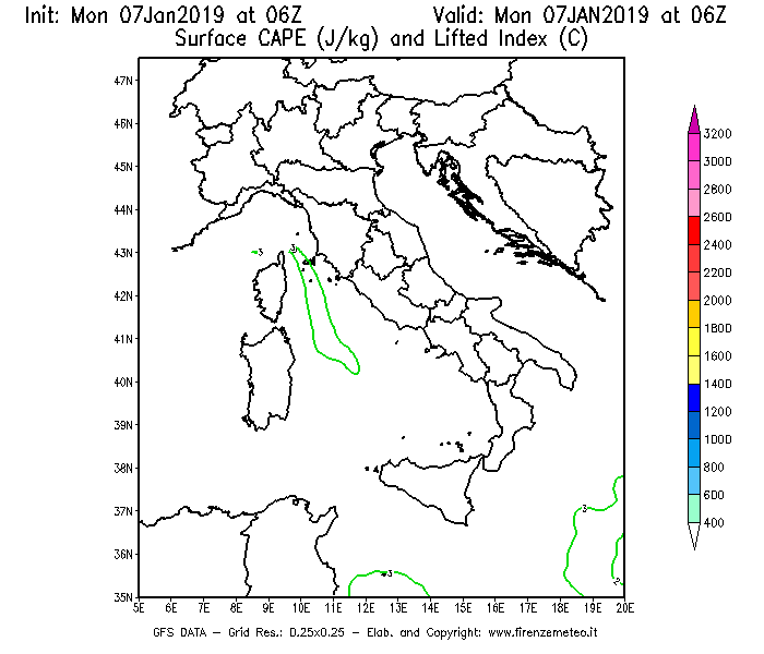 Mappa di analisi GFS - CAPE [J/kg] e Lifted Index [°C] in Italia
							del 07/01/2019 06 <!--googleoff: index-->UTC<!--googleon: index-->