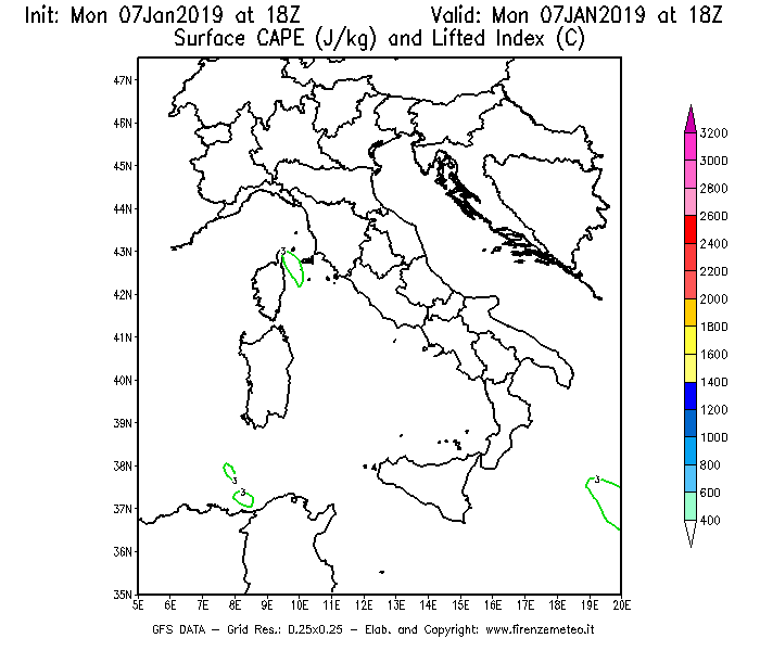 Mappa di analisi GFS - CAPE [J/kg] e Lifted Index [°C] in Italia
							del 07/01/2019 18 <!--googleoff: index-->UTC<!--googleon: index-->