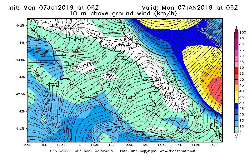 Mappa di analisi GFS - Velocità del vento a 10 metri dal suolo [km/h] in Centro-Italia
							del 07/01/2019 06 <!--googleoff: index-->UTC<!--googleon: index-->