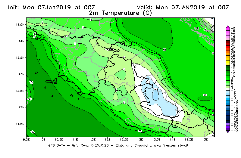 Mappa di analisi GFS - Temperatura a 2 metri dal suolo [°C] in Centro-Italia
							del 07/01/2019 00 <!--googleoff: index-->UTC<!--googleon: index-->