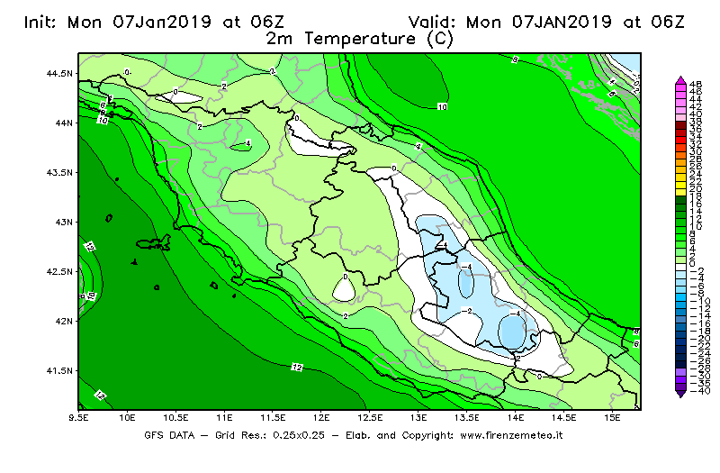 Mappa di analisi GFS - Temperatura a 2 metri dal suolo [°C] in Centro-Italia
							del 07/01/2019 06 <!--googleoff: index-->UTC<!--googleon: index-->