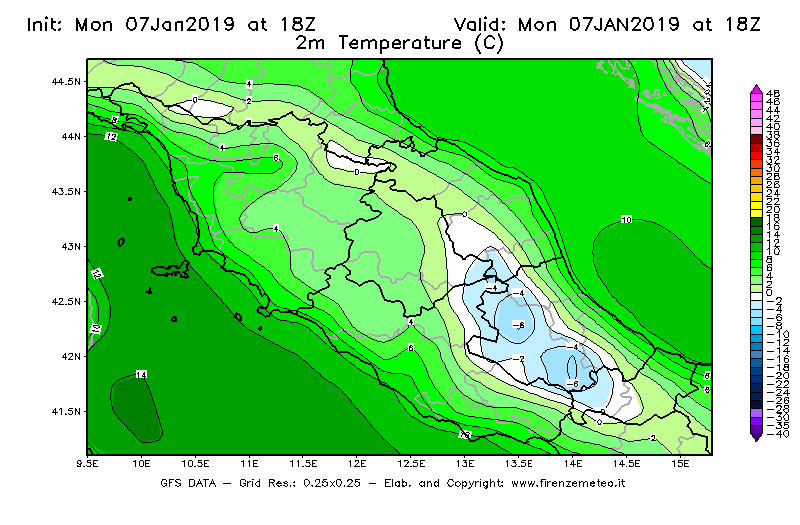 Mappa di analisi GFS - Temperatura a 2 metri dal suolo [°C] in Centro-Italia
							del 07/01/2019 18 <!--googleoff: index-->UTC<!--googleon: index-->