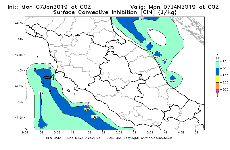Mappa di analisi GFS - CIN [J/kg] in Centro-Italia
							del 07/01/2019 00 <!--googleoff: index-->UTC<!--googleon: index-->