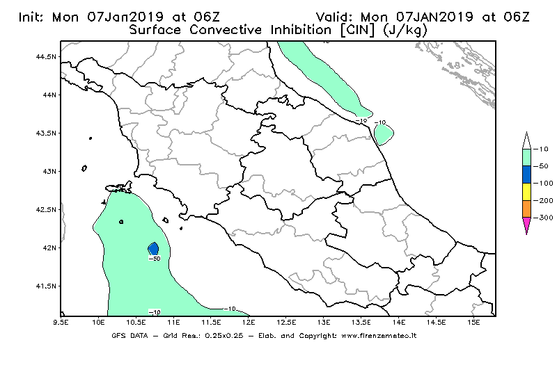 Mappa di analisi GFS - CIN [J/kg] in Centro-Italia
							del 07/01/2019 06 <!--googleoff: index-->UTC<!--googleon: index-->