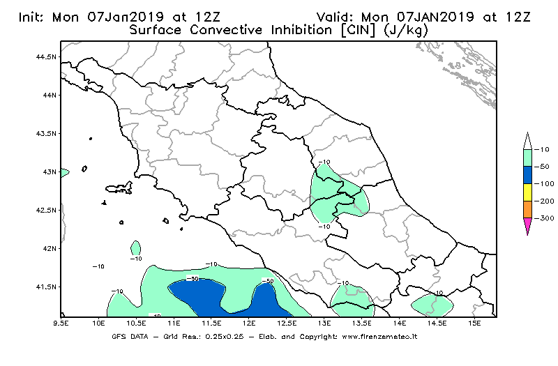 Mappa di analisi GFS - CIN [J/kg] in Centro-Italia
							del 07/01/2019 12 <!--googleoff: index-->UTC<!--googleon: index-->