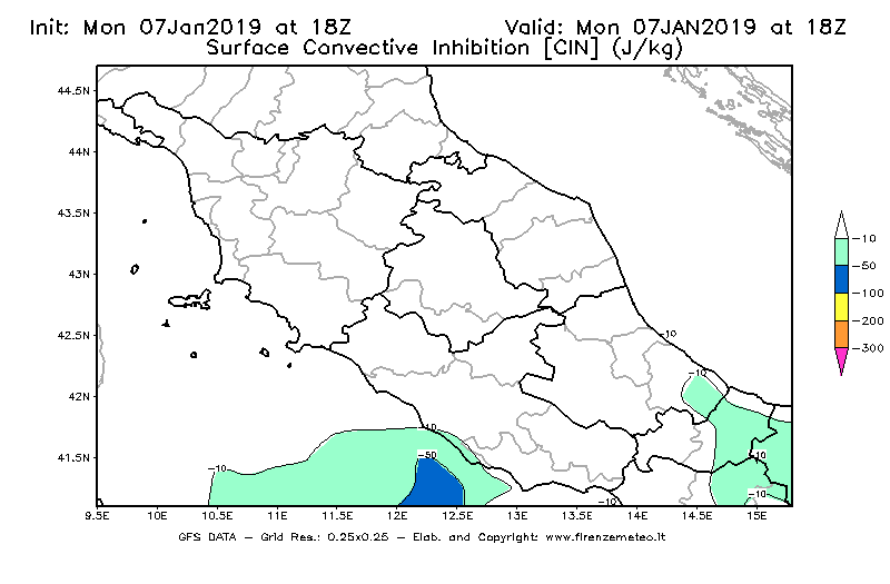 Mappa di analisi GFS - CIN [J/kg] in Centro-Italia
							del 07/01/2019 18 <!--googleoff: index-->UTC<!--googleon: index-->