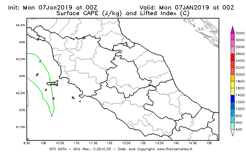 Mappa di analisi GFS - CAPE [J/kg] e Lifted Index [°C] in Centro-Italia
							del 07/01/2019 00 <!--googleoff: index-->UTC<!--googleon: index-->