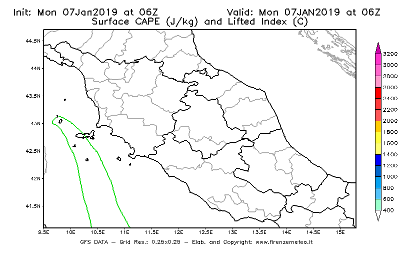 Mappa di analisi GFS - CAPE [J/kg] e Lifted Index [°C] in Centro-Italia
							del 07/01/2019 06 <!--googleoff: index-->UTC<!--googleon: index-->