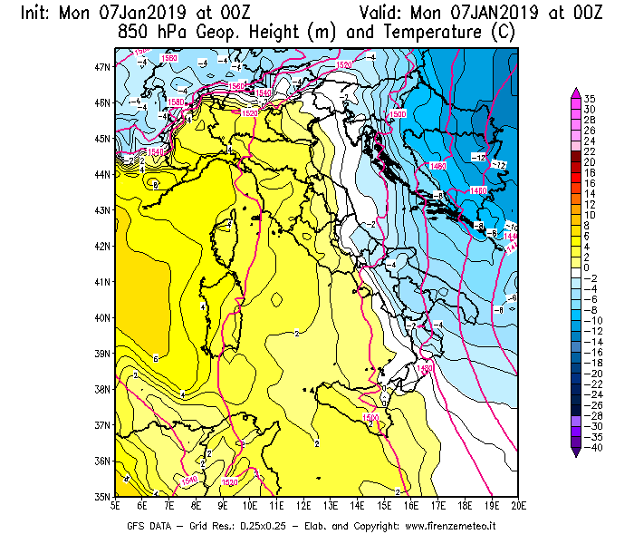 Mappa di analisi GFS - Geopotenziale [m] e Temperatura [°C] a 850 hPa in Italia
							del 07/01/2019 00 <!--googleoff: index-->UTC<!--googleon: index-->