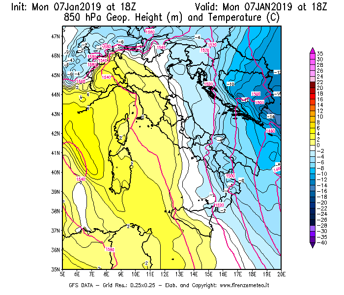 Mappa di analisi GFS - Geopotenziale [m] e Temperatura [°C] a 850 hPa in Italia
							del 07/01/2019 18 <!--googleoff: index-->UTC<!--googleon: index-->