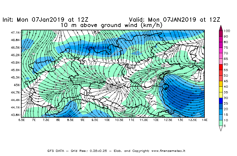 Mappa di analisi GFS - Velocità del vento a 10 metri dal suolo [km/h] in Nord-Italia
							del 07/01/2019 12 <!--googleoff: index-->UTC<!--googleon: index-->