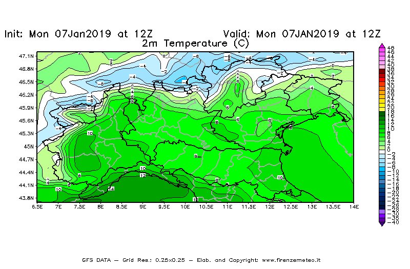 Mappa di analisi GFS - Temperatura a 2 metri dal suolo [°C] in Nord-Italia
							del 07/01/2019 12 <!--googleoff: index-->UTC<!--googleon: index-->