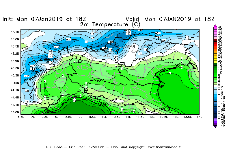 Mappa di analisi GFS - Temperatura a 2 metri dal suolo [°C] in Nord-Italia
							del 07/01/2019 18 <!--googleoff: index-->UTC<!--googleon: index-->