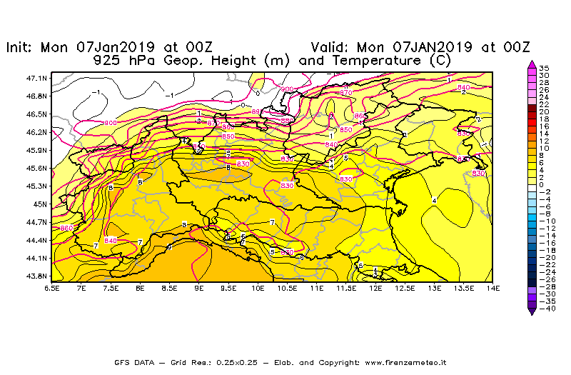 Mappa di analisi GFS - Geopotenziale [m] e Temperatura [°C] a 925 hPa in Nord-Italia
							del 07/01/2019 00 <!--googleoff: index-->UTC<!--googleon: index-->
