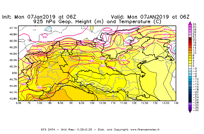 Mappa di analisi GFS - Geopotenziale [m] e Temperatura [°C] a 925 hPa in Nord-Italia
							del 07/01/2019 06 <!--googleoff: index-->UTC<!--googleon: index-->