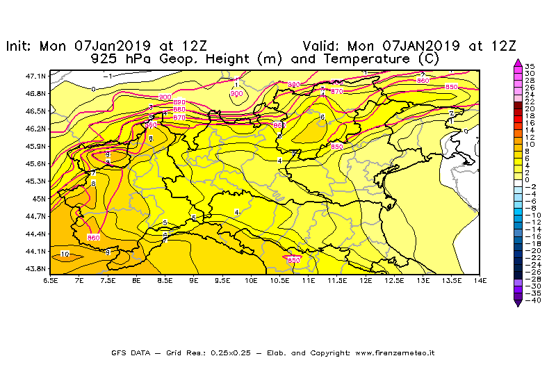 Mappa di analisi GFS - Geopotenziale [m] e Temperatura [°C] a 925 hPa in Nord-Italia
							del 07/01/2019 12 <!--googleoff: index-->UTC<!--googleon: index-->