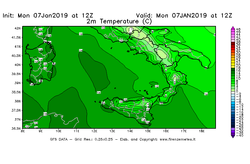Mappa di analisi GFS - Temperatura a 2 metri dal suolo [°C] in Sud-Italia
							del 07/01/2019 12 <!--googleoff: index-->UTC<!--googleon: index-->