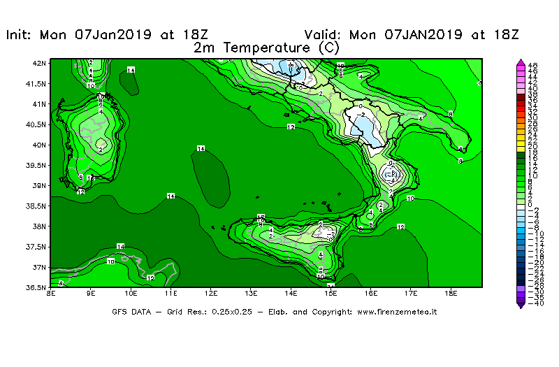 Mappa di analisi GFS - Temperatura a 2 metri dal suolo [°C] in Sud-Italia
							del 07/01/2019 18 <!--googleoff: index-->UTC<!--googleon: index-->