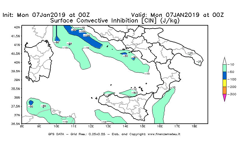 Mappa di analisi GFS - CIN [J/kg] in Sud-Italia
							del 07/01/2019 00 <!--googleoff: index-->UTC<!--googleon: index-->