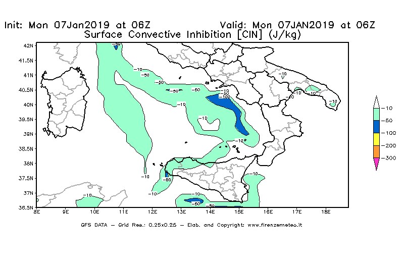 Mappa di analisi GFS - CIN [J/kg] in Sud-Italia
							del 07/01/2019 06 <!--googleoff: index-->UTC<!--googleon: index-->