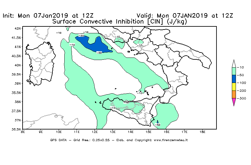 Mappa di analisi GFS - CIN [J/kg] in Sud-Italia
							del 07/01/2019 12 <!--googleoff: index-->UTC<!--googleon: index-->