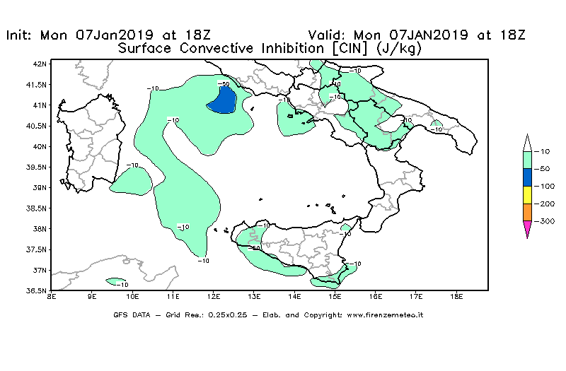 Mappa di analisi GFS - CIN [J/kg] in Sud-Italia
							del 07/01/2019 18 <!--googleoff: index-->UTC<!--googleon: index-->