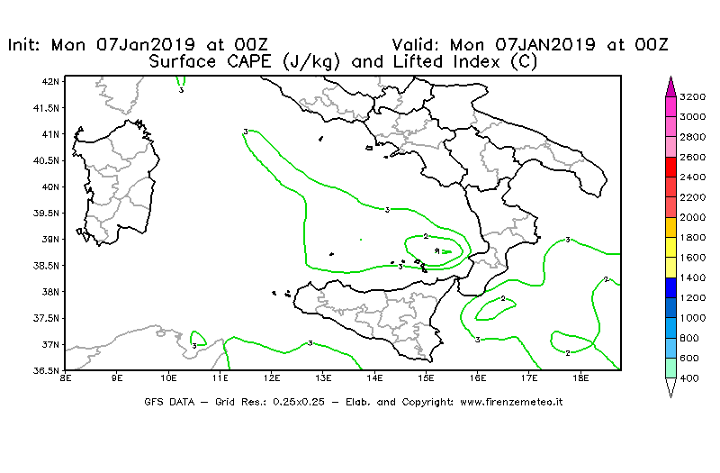 Mappa di analisi GFS - CAPE [J/kg] e Lifted Index [°C] in Sud-Italia
							del 07/01/2019 00 <!--googleoff: index-->UTC<!--googleon: index-->