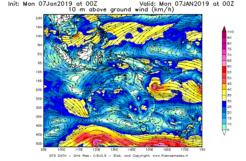 Mappa di analisi GFS - Velocità del vento a 10 metri dal suolo [km/h] in Oceania
							del 07/01/2019 00 <!--googleoff: index-->UTC<!--googleon: index-->