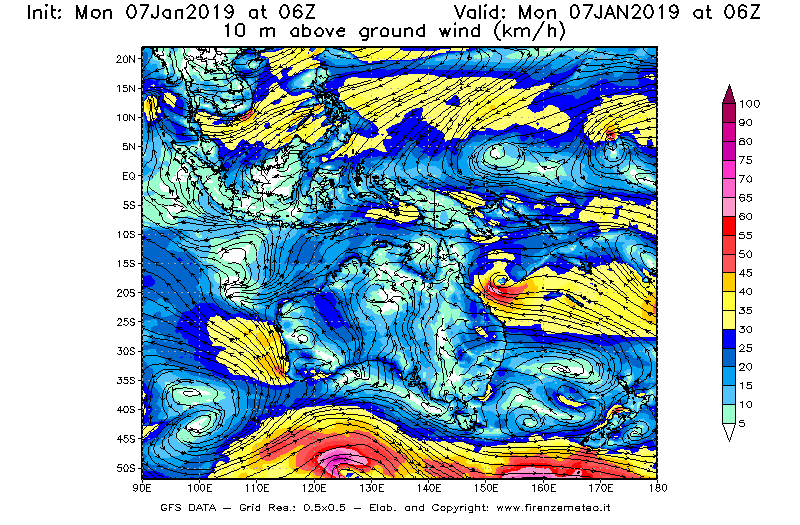 Mappa di analisi GFS - Velocità del vento a 10 metri dal suolo [km/h] in Oceania
							del 07/01/2019 06 <!--googleoff: index-->UTC<!--googleon: index-->