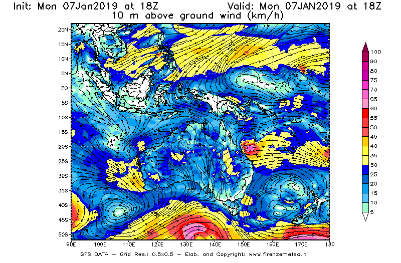 Mappa di analisi GFS - Velocità del vento a 10 metri dal suolo [km/h] in Oceania
							del 07/01/2019 18 <!--googleoff: index-->UTC<!--googleon: index-->