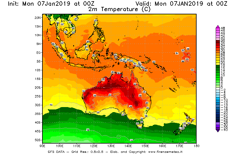 Mappa di analisi GFS - Temperatura a 2 metri dal suolo [°C] in Oceania
							del 07/01/2019 00 <!--googleoff: index-->UTC<!--googleon: index-->
