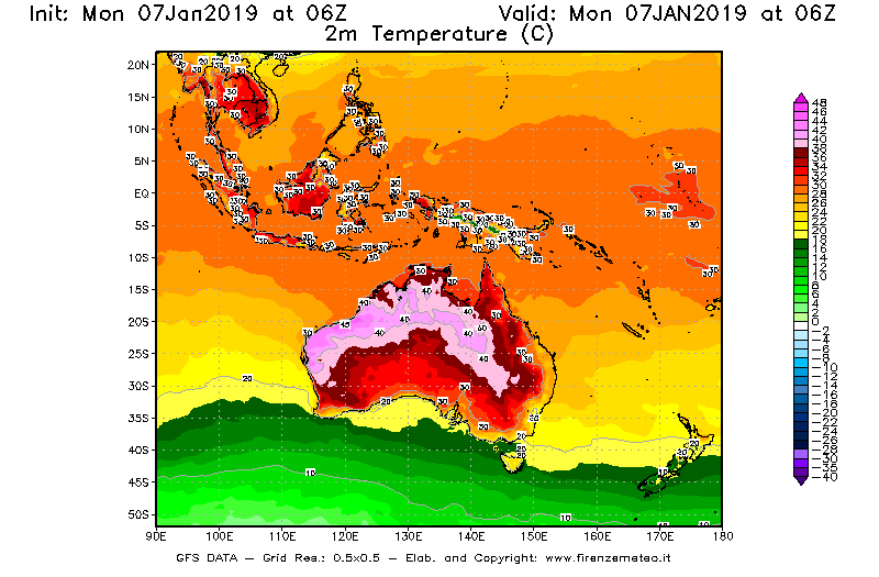 Mappa di analisi GFS - Temperatura a 2 metri dal suolo [°C] in Oceania
							del 07/01/2019 06 <!--googleoff: index-->UTC<!--googleon: index-->