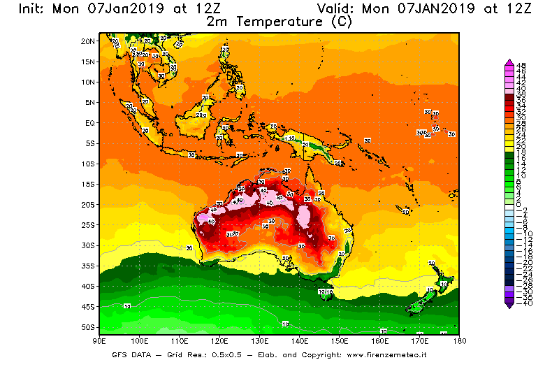 Mappa di analisi GFS - Temperatura a 2 metri dal suolo [°C] in Oceania
							del 07/01/2019 12 <!--googleoff: index-->UTC<!--googleon: index-->
