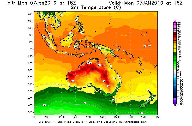 Mappa di analisi GFS - Temperatura a 2 metri dal suolo [°C] in Oceania
							del 07/01/2019 18 <!--googleoff: index-->UTC<!--googleon: index-->