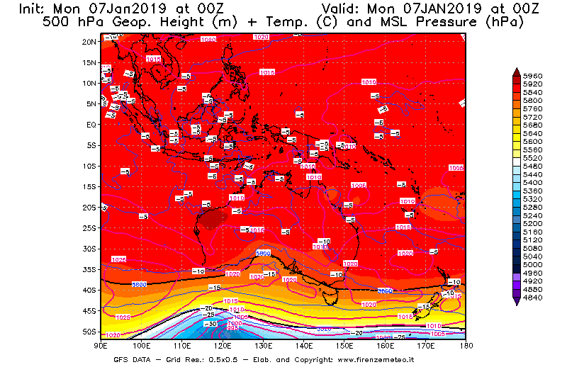 Mappa di analisi GFS - Geopotenziale [m] + Temp. [°C] a 500 hPa + Press. a livello del mare [hPa] in Oceania
							del 07/01/2019 00 <!--googleoff: index-->UTC<!--googleon: index-->
