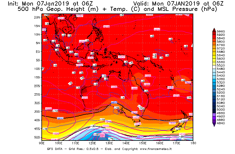 Mappa di analisi GFS - Geopotenziale [m] + Temp. [°C] a 500 hPa + Press. a livello del mare [hPa] in Oceania
							del 07/01/2019 06 <!--googleoff: index-->UTC<!--googleon: index-->