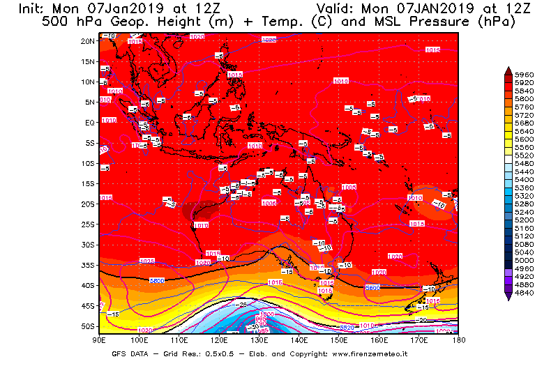 Mappa di analisi GFS - Geopotenziale [m] + Temp. [°C] a 500 hPa + Press. a livello del mare [hPa] in Oceania
							del 07/01/2019 12 <!--googleoff: index-->UTC<!--googleon: index-->