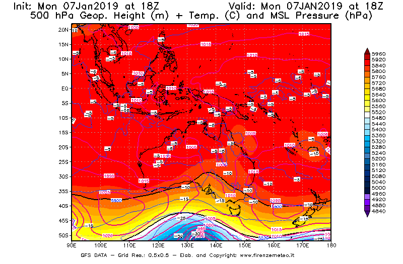 Mappa di analisi GFS - Geopotenziale [m] + Temp. [°C] a 500 hPa + Press. a livello del mare [hPa] in Oceania
							del 07/01/2019 18 <!--googleoff: index-->UTC<!--googleon: index-->