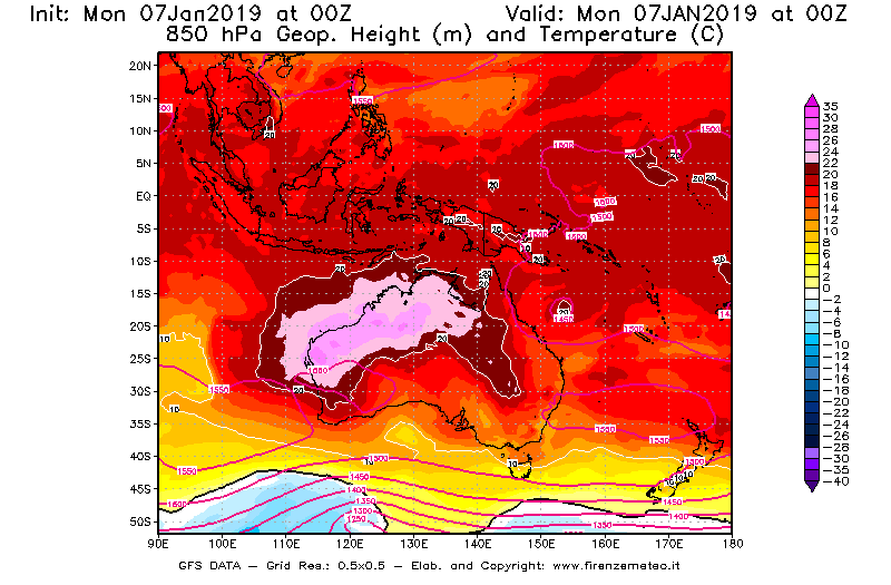 Mappa di analisi GFS - Geopotenziale [m] e Temperatura [°C] a 850 hPa in Oceania
							del 07/01/2019 00 <!--googleoff: index-->UTC<!--googleon: index-->
