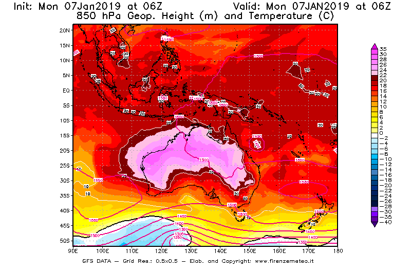 Mappa di analisi GFS - Geopotenziale [m] e Temperatura [°C] a 850 hPa in Oceania
							del 07/01/2019 06 <!--googleoff: index-->UTC<!--googleon: index-->