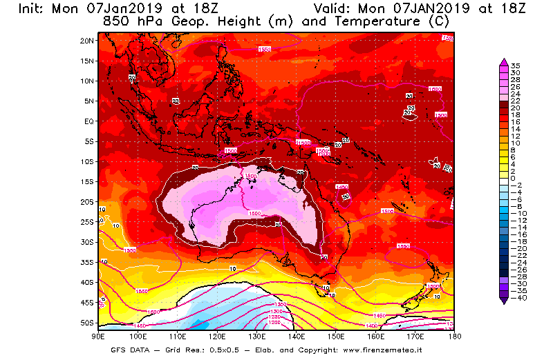 Mappa di analisi GFS - Geopotenziale [m] e Temperatura [°C] a 850 hPa in Oceania
							del 07/01/2019 18 <!--googleoff: index-->UTC<!--googleon: index-->