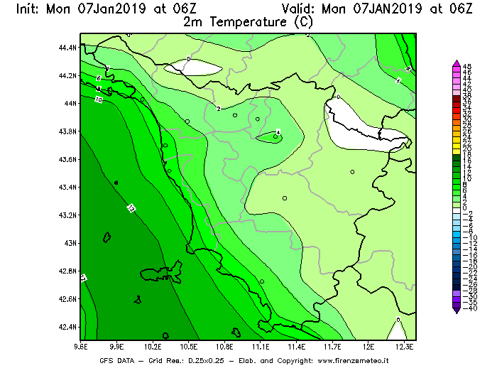 Mappa di analisi GFS - Temperatura a 2 metri dal suolo [°C] in Toscana
							del 07/01/2019 06 <!--googleoff: index-->UTC<!--googleon: index-->