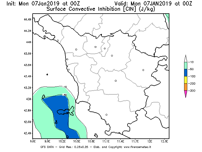 Mappa di analisi GFS - CIN [J/kg] in Toscana
							del 07/01/2019 00 <!--googleoff: index-->UTC<!--googleon: index-->