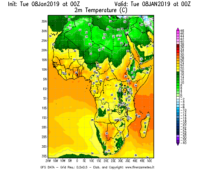Mappa di analisi GFS - Temperatura a 2 metri dal suolo [°C] in Africa
									del 08/01/2019 00 <!--googleoff: index-->UTC<!--googleon: index-->