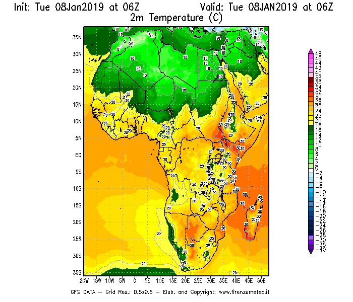 Mappa di analisi GFS - Temperatura a 2 metri dal suolo [°C] in Africa
									del 08/01/2019 06 <!--googleoff: index-->UTC<!--googleon: index-->