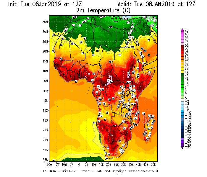 Mappa di analisi GFS - Temperatura a 2 metri dal suolo [°C] in Africa
							del 08/01/2019 12 <!--googleoff: index-->UTC<!--googleon: index-->
