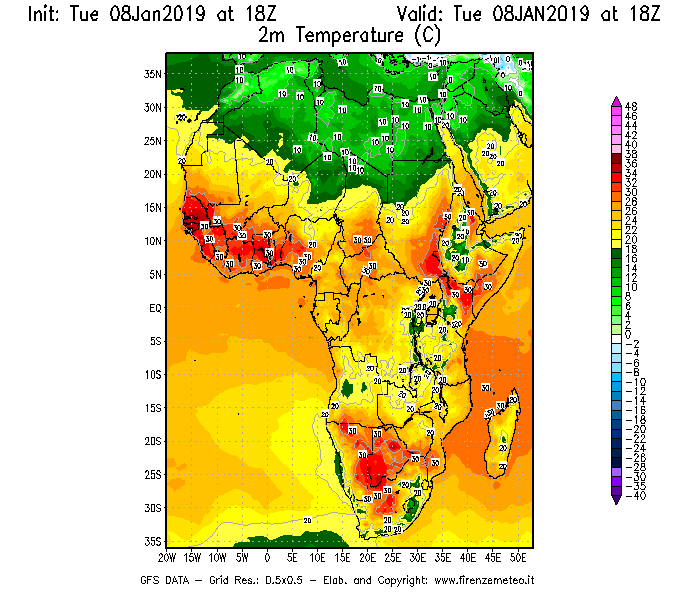 Mappa di analisi GFS - Temperatura a 2 metri dal suolo [°C] in Africa
									del 08/01/2019 18 <!--googleoff: index-->UTC<!--googleon: index-->